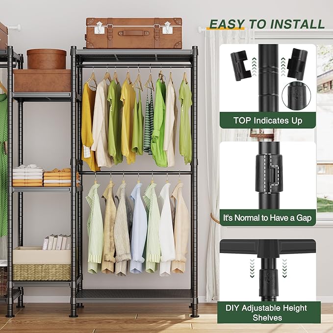 LEHOM G6M Heavy Duty Clothes Rack for Hanging Clothes, Portable Garment Rack Compact Size Closet Organizer, Freestanding Metal Clothing Rack Wardrobe Closet with Storage Shelves for Bedroom(Medium)