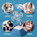 OKSQW 11" Wall Cross Handmade White Wood & Blue Iron Christians Spiritual Religious Cross with Hook Christmas Wall Hanging Cross with Blessed Design Crucifix Gift for Church Home Room Decor
