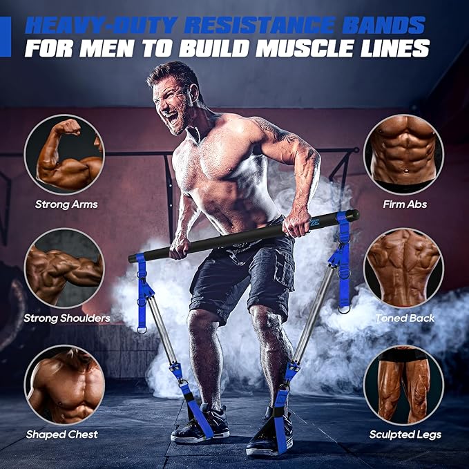 Pilates Bar Kit with Resistance Bands, Heavy Duty Pilates Equipment for Men, Training Bands with Handles for Legs, Hip, Back, Arm, Abs, Chest, Shoulders, Portable Home Gym Workout Equipment
