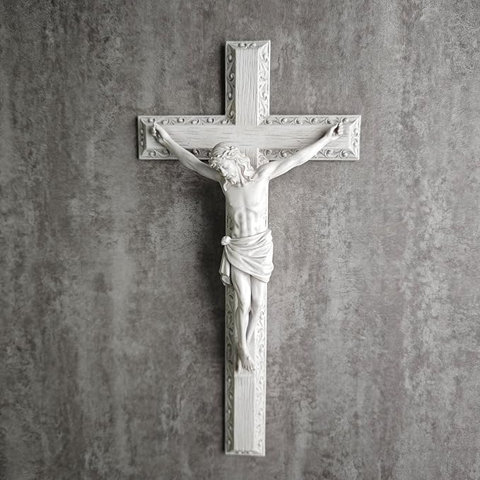 BC Catholic Crucifix Wall Cross, 12" H Jesus Christ Wall Decor for Elegant Modern Home, Devout Gift for Easter, Religious Gifts Home Decor, Grey White Stone Finish, Hand Painted by Buildclassic