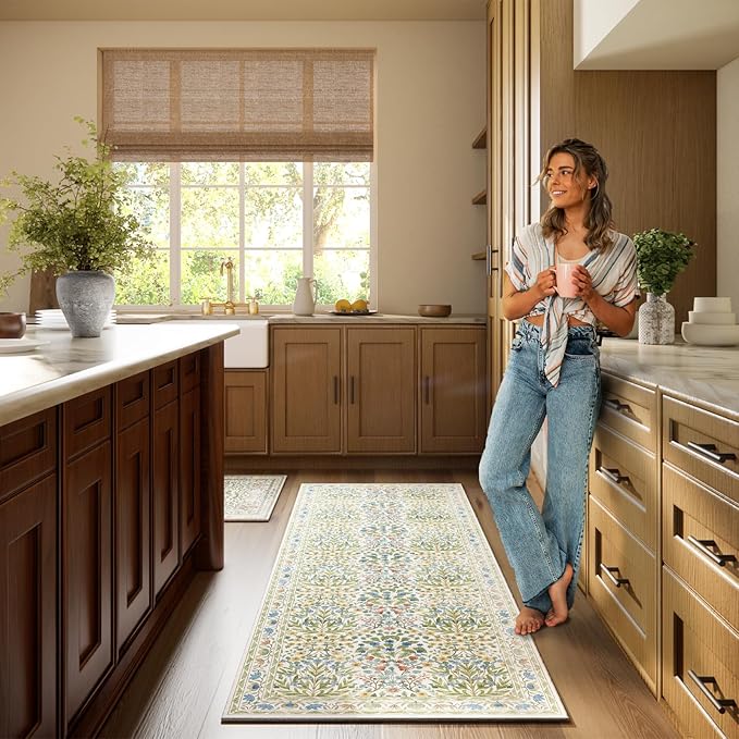 Non-Slip Bathroom Runner Rug 2x6 Feet, Washable Long Kitchen Hallway Laundry Mat, Beige Green Vintage Floral Design