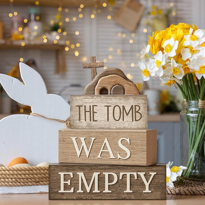 Lineshading 4 Pcs Easter Table Decorations Empty Tomb Wooden Block Sign Resurrection Scene Christian Decor with Cross, Vintage Religious Centerpieces for Easter, Home, Church, Faith Gift for Believers