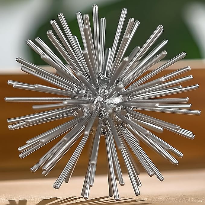 Silver Sphere Decor, Metal Starburst Tabletop Sculpture Decor, Mid-Century Modern Metal Starburst Centerpiece, Spike Ball Decoration for Home, Coffee Table Decor