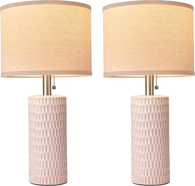 Reaketon 20.5" Modern Ceramic Table Lamps for Bedroom Set of 2, Bedside Lamps for Night Stands with Beige Lampshade, Farmhouse Table Lamp for Living Room Office Dorm, Pink