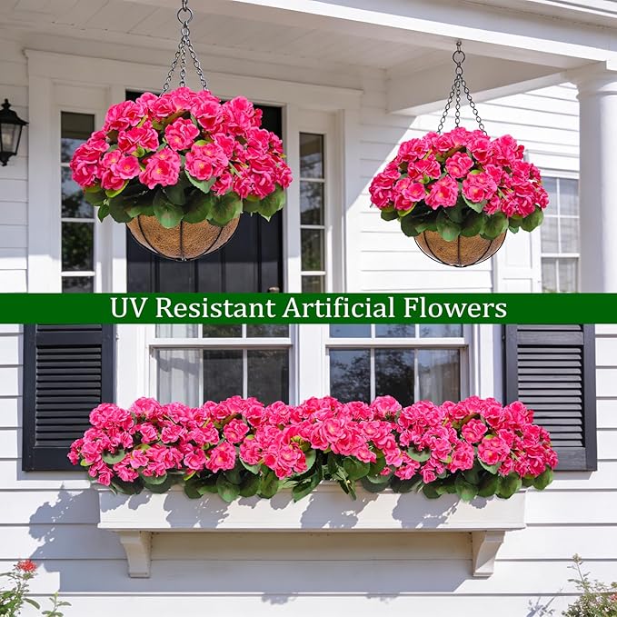 Artificial Geraniums Flowers for Outdoors Spring Decor, 8 Bundles UV Resistant Fake Geraniums Flowers Silk Faux Plants for Home Planter Gardens Table Patio Porch Indoor Summer Cemetery Decor(Pink)