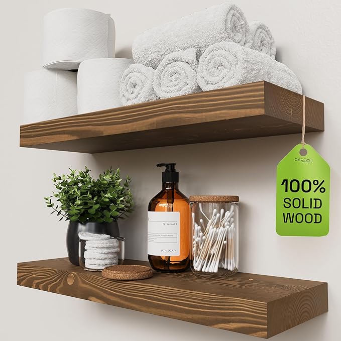 BAOBAB WORKSHOP Wood Floating Shelves for Wall 20 Inch, Solid Real Wooden Bathroom Shelf, Heavy Duty Wall Shelf Mounted 20 in Kitchen Rustic Farmhouse, Walnut Floating Shelves, 20W × 6.7D, Set of 2