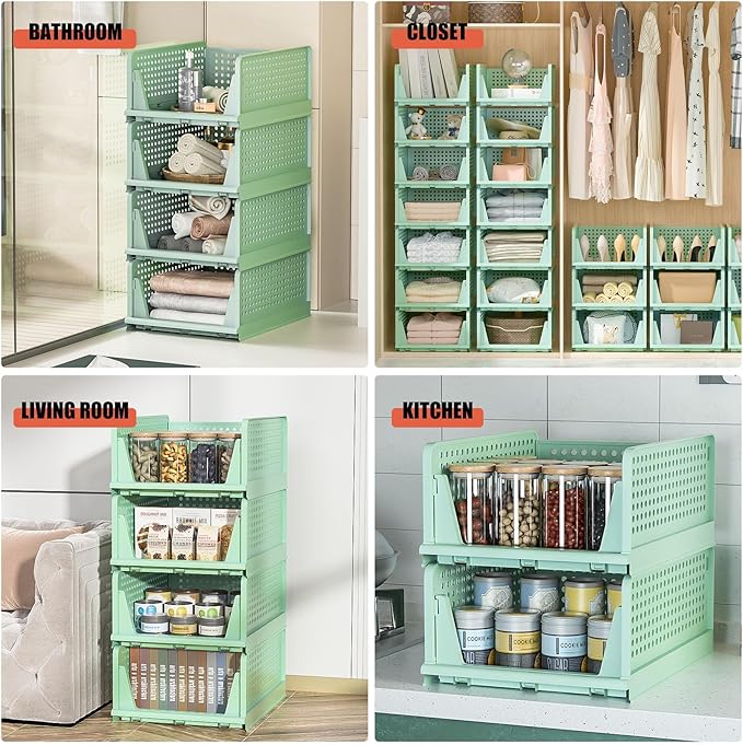 Closet Organizer, 4 Pack Stackable Storage Bins for Closet Shelves, Plastic Storage Drawers Basket Weekly Clothes Organizer for Kids(4L)（Green）
