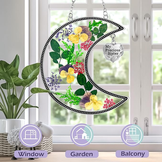 KY&BOSAM Hanging Ornament, My Precious Sister Suncatcher with Pressed Flower, Silver Heart Charm - Mother’s Day, Birthday, Christmas Gift