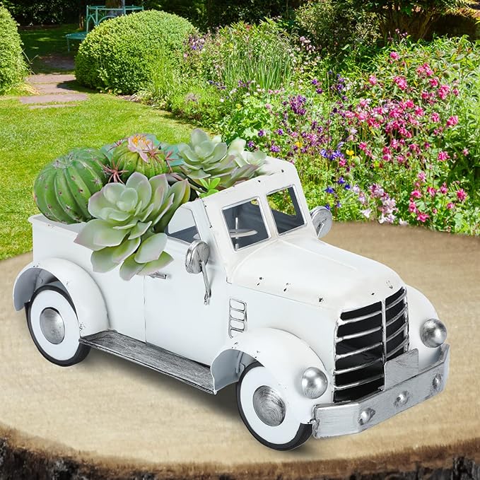 Farmhouse White Truck Decor, Vintage Farm Metal Trucks Decors, Rustic Outdoor Pickup Truck Planter, Indoor Decorative Tabletop Storage, Car Model Gift