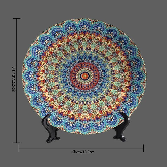 Colorful Decorative Plate Stand, 6 Inch, Blue Mandala Boho Round Display Plate, Table Top Plate Decor with Stand, Ceramic Craft for Wall Hanging Decorative