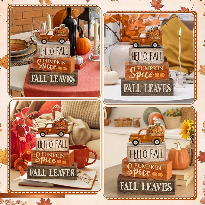 Moucuny 4 Pcs Fall Decoration for Home Fall Truck Decor Thanksgiving Tiered Tray Decor Rustic Wooden Truck Block Sign Thanksgiving Centerpiece Autumn Table Decorations for Harvest Party Kitchen Home
