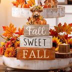 Moucuny 4 Pcs Fall Decoration for Highland Cow Home Fall Table Decor Wooden Stacked Block Decor with Sunflower Cow & Pumpkin Topper Rustic Thanksgiving Tiered Tray Decoration for Harvest Home Kitchen