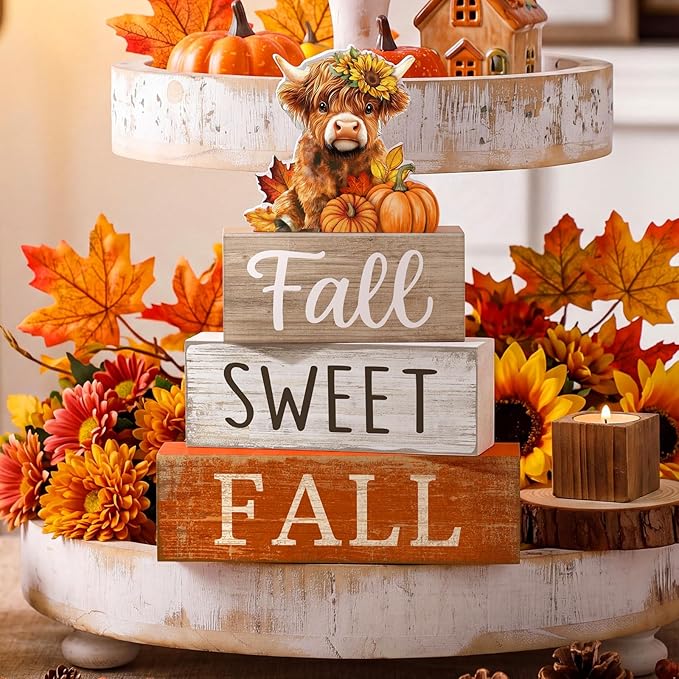 Moucuny 4 Pcs Fall Decoration for Highland Cow Home Fall Table Decor Wooden Stacked Block Decor with Sunflower Cow & Pumpkin Topper Rustic Thanksgiving Tiered Tray Decoration for Harvest Home Kitchen