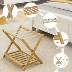 Fully Assembled Luggage Rack, 26.77" Luggage Rack for Guest Room, Bamboo Folding Suitcase Stand with Storage Shelf, 5 Nylon Straps, Heavy Duty Luggage Holder for Bedroom Hotel, 1 Pack, Natural