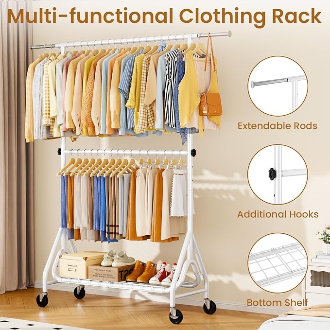 Heavy Duty Clothes Rack for Hanging Clothes, Double Rods Clothing Rack with Lockable Wheels, Rolling Garment Racks with Shelf, Easy to Assemble, White