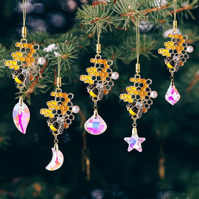 5Pcs Hanging Ornaments, Mini Crystal Prism Gold Metal Bee Xmas Tree Decorations, Crystal Suncatchers Hanging Ornament for Wedding Party Home Decor