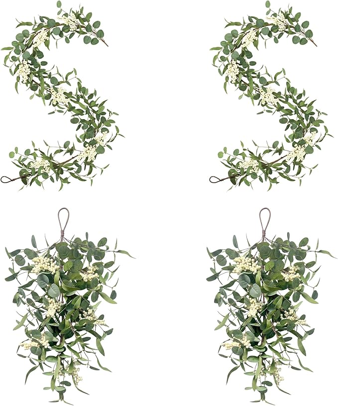 Pinkpum 20'' Eucalyptus Wreath 22'' Teardrop Swags Set 4 for Front Door Fireplace Hanging Porch Wall Home Window Kitchen Decor Farmhouse Garden Party Indoor Outdoor Summer Spring Fall All Seasons