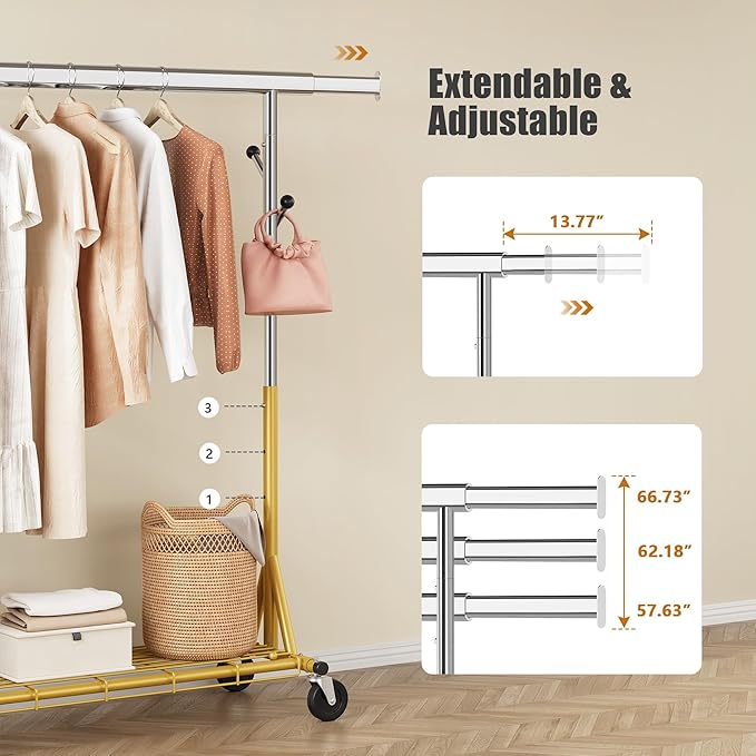 Rolling Clothes Rack Load 530lbs,Heavy Duty Garment Rack With Sturdy Wheel And Shelves, Adjustable Portable Hanging Rack For Clothes, Gold