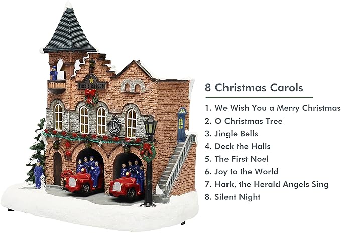 MOMENTS IN TIME Lighted Fire Station Christmas Village 12” Animated Building with LED Lights, 8 Classic Songs & Moving Fire Trucks Power Adapter Included Gift Ready Décor Holiday Display Piece