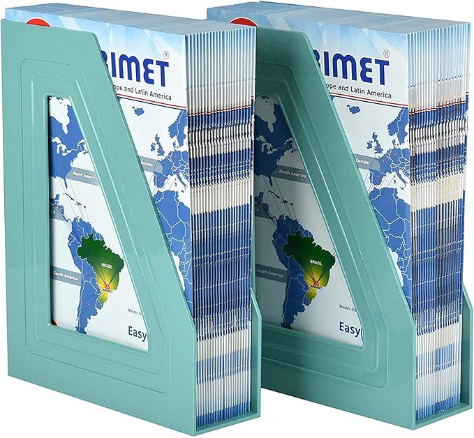 Acrimet Magazine File Holder Bin Storage, Vertical Rack for Documents, Folders and Mail, Durable Plastic Desk Organizer for Office & Home (Solid Green Color) (2 Pack)