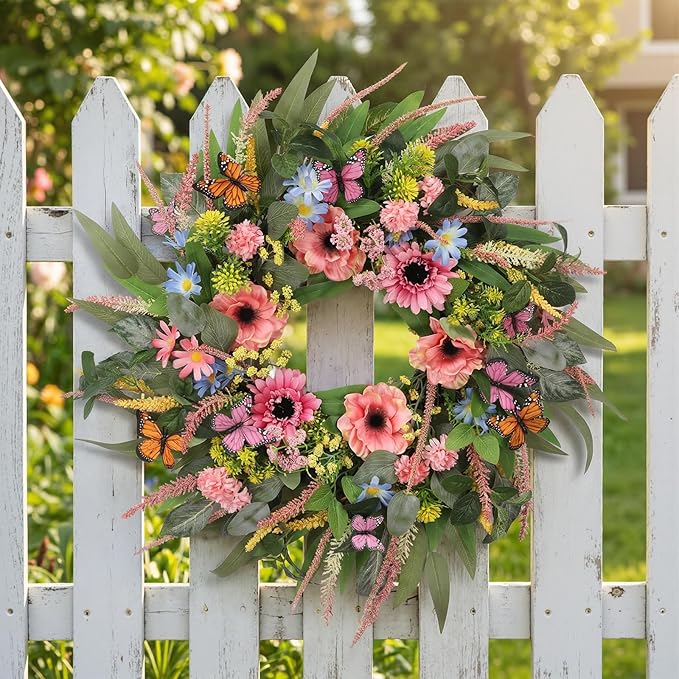 Wreaths for Front Door 26 Inch Spring Summer Wreath with Eucalyptus Leaves Pink Blooms Butterfly,for Year-Round Use Indoors and Outdoors as Wall, Door, Window, Party and Wedding Decorations