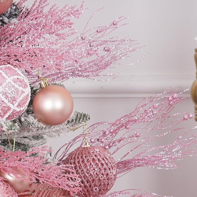 SLK 16-Pack Artificial Glitter Berry Stem Ornaments, Christmas Decorative Glittery Twigs, Picks, Branches for Tree, Wreath, Small Vase, Halloween Party (Pink)