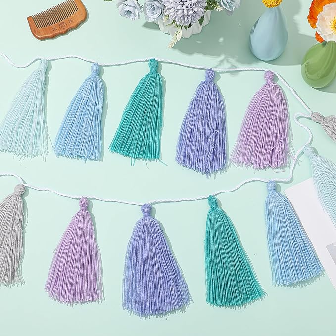 WILLBOND 4 Pieces Valentine's Day Tassel Garland for Classroom Wall Decor Boho Pastel Garland Cotton Tassel Banners for Party School(6.2 Inch,Purple Colors)