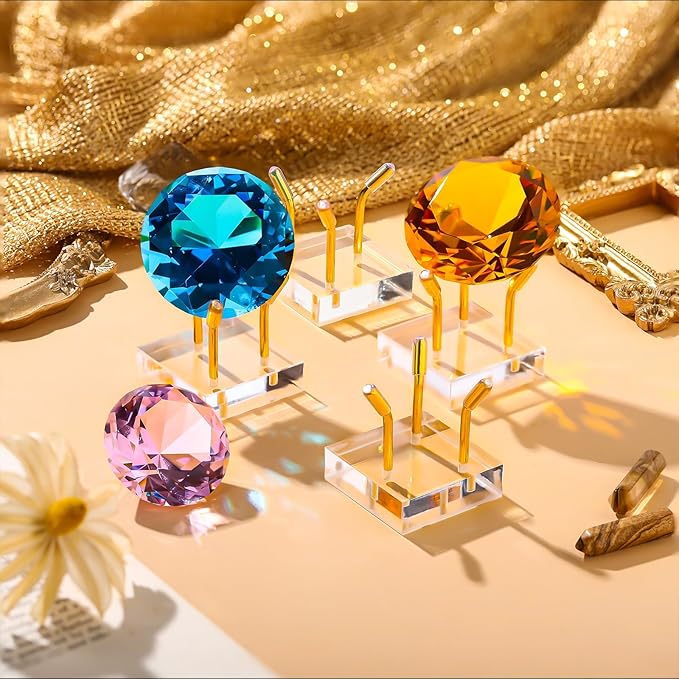 Weysat 4 Pack Clear Acrylic Display Stand, Metal 3 Peg Rock Display Easel Stands for Fossil Coral Crystal Geodes Rock Mineral Agate Small Collectibles Acrylic Holder (2”x2”x2”,Gold)