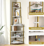 VECELO 6 Tier Corner Shelf 69 Inch Industrial Bookshelf with Metal Frame, Multipurpose Tall Plant Stand with Opening Display Shelves for Living Room, Bedroom, Home Office, Small Space, Gold