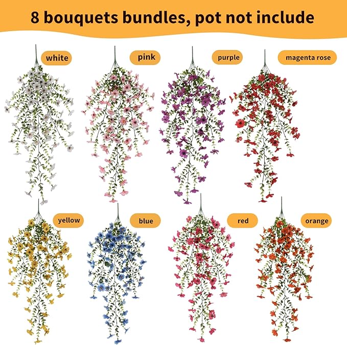 Artificial Hanging Flowers for Outdoors, 8 Pcs Fake Plant for Spring Summer Decoration, UV Resistant Realistic Silk Faux Flowers Outside Indoor Planter Porch Patio Balcony Yard Decor