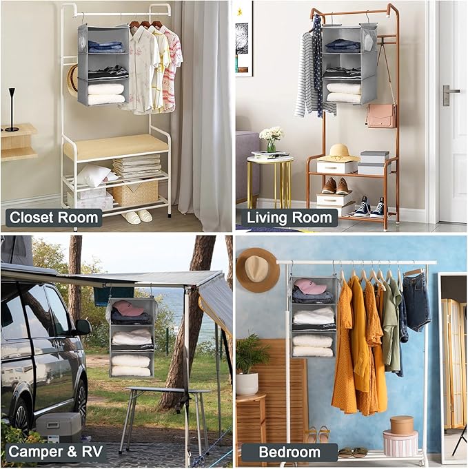 MAX Houser 3 Tier Shelf Hanging Closet Organizer, Closet Hanging Shelf with 2 Sturdy Hooks for Storage, 2 Pack, Foldable (Grey)