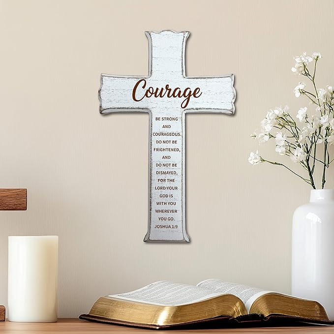 dsjaidh Cross Wall Decor - White Scripture Wooden Cross For Wall - Minimalist Wooden Hanging Signs Christian Easter Decor for Home Office Church Baptism - Christian Gifts for Men Women (Courage)- A02
