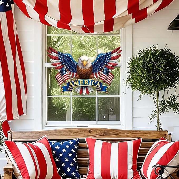 Wooden 4th of July Decoration Door Wreath for Front Door Sign America Eagle Wall Signs,250 Anniversary Independence Day Patriotic Day Wreath Welcome Memorial Day Hanging for Home Party Outdoor Indoor