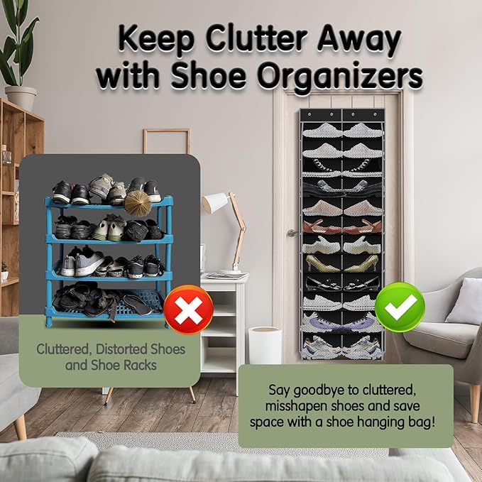 Over The Door Shoe Organizer with 12 Large Breathable Pockets - Durable Hanging Storage for the Entire Family's Shoes (Black)