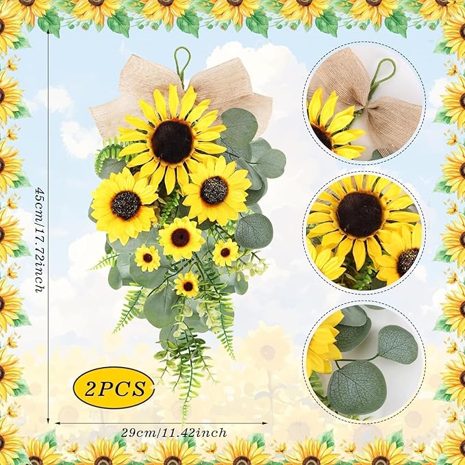 24in Artificial Sunflowers Teardrop Swag Spring Summer Sunflowers Floral Swag Wreath with Burlap Bow Fake Yellow Sunflower Garland for Front Door Indoor Outdoor Window Home Decor