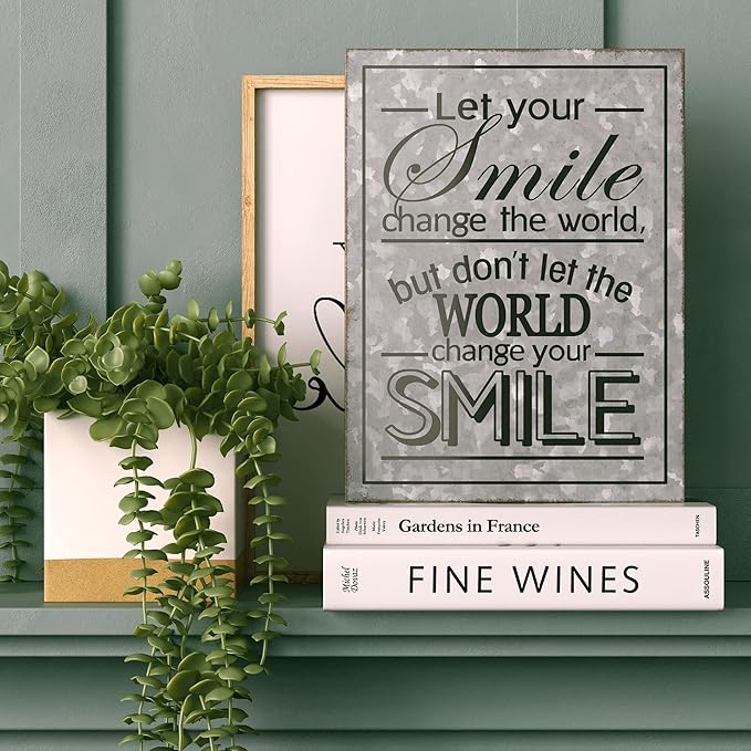 Barnyard Designs Metal Box Sign Motivational Desk Decor, Inspirational Office Decorations for Women, Cute Bathroom or Shelf Décor (Smile)