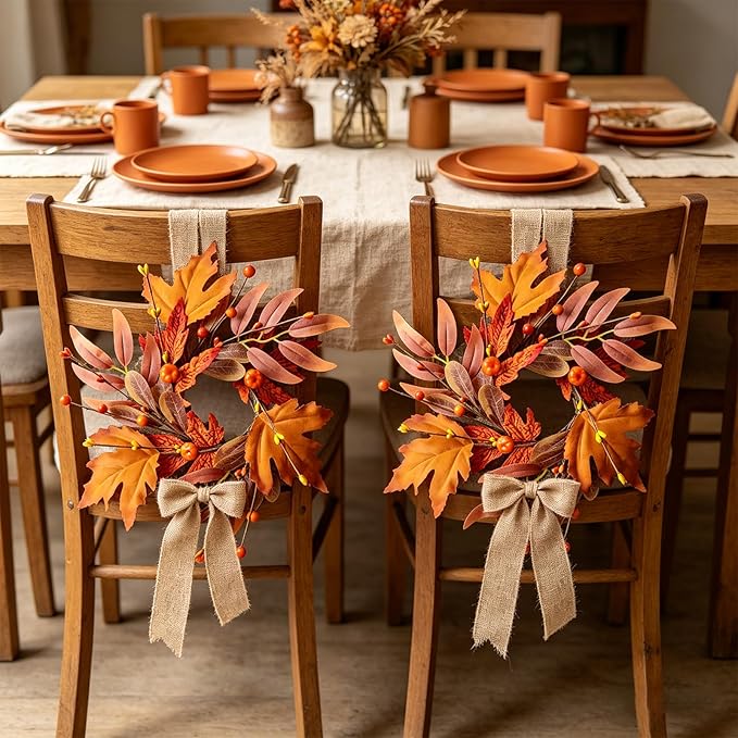 6 PCS Mini Fall Wreaths for Kitchen Cabinet 9 Inch Fall Maple Leaf Wreath for Front Door Small Autumn Hanging Wreath Thanksgiving Candle Ring for Farmhouse Home Porch Wall Window Table Decoration