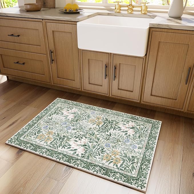 Botanical Floral Washable Entryway Area Rug 2x3 Light Green Cream Vintage Garden Design, Perfect for Soft Door Mat Indoor Entrance, Ultra-Thin Easy Clean Small Throw Carpet for Bedroom Bathroom
