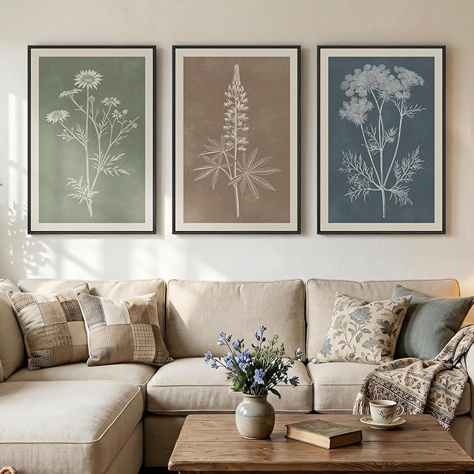 Framed Boho Botanical Wall Art for Living Room, 3 Piece Modern Farmhouse Neutral Floral Canvas Painting Prints, Minimalist Vintage Flower Plants Line Artwork for Bedroom Hallway Wall Decor, 24x36