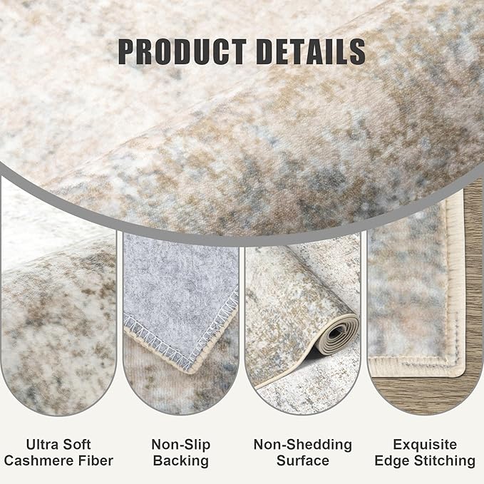 Round Area Rug for Living Room: 4 ft Washable Modern Abstract Soft Thin Rug Indoor Floor No Slip Stain Resistant Carpet for Bedroom Dining Room Farmhouse Nursery Home Office - Brown Grey