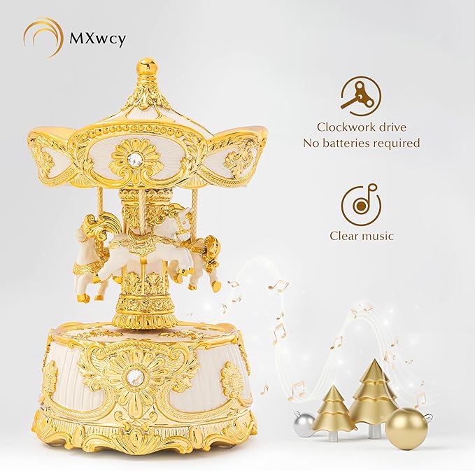MXwcy Carousel Music Box 6.2" Classic Wind Up Music Box, Rotating Carousel Horse Christmas Table Center Piece, Gold & Ivory Vintage Home Decor, for Mom Women Birthday Gifts for Girls