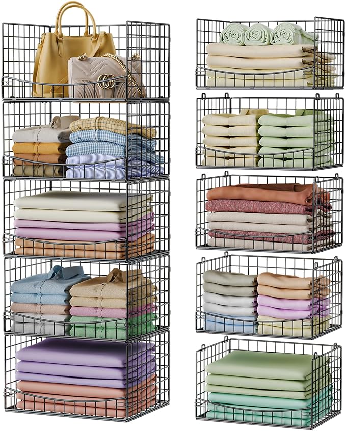 JKsmart 5-Tier Stackable Closet Organizers and Storage Shelves,Extend Clothing Closet Shelf Bins for Jeans Pants Sweaters - Wardrobe Cupboard Clothes Organizer System-Wider Mouth Design