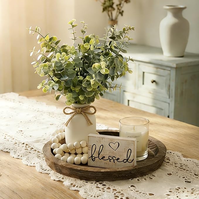 Rustic Modern Farmhouse Decor Set of 6 for Your Living Room, Kitchen Counter, Home or Table Centerpieces Room Decor, Wood Round Decorative Tray Gifts for Women Men