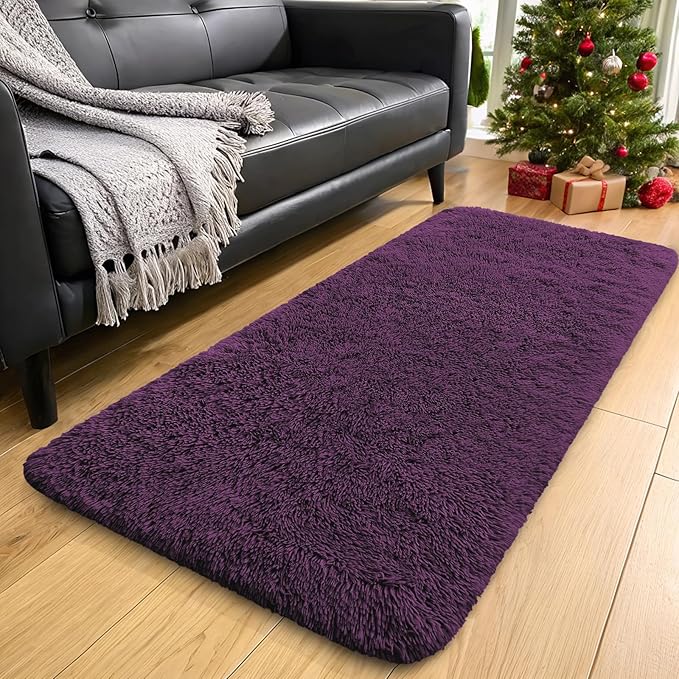 OLANLY 2x4 Machine Washable Runner Rugs for Hallway, Soft Fluffy Shaggy Bedside Rugs for Bedroom, Living Room, Indoor Floor Carpet for Kids Girls and Boys, Home Decor Aesthetic, Dark Purple