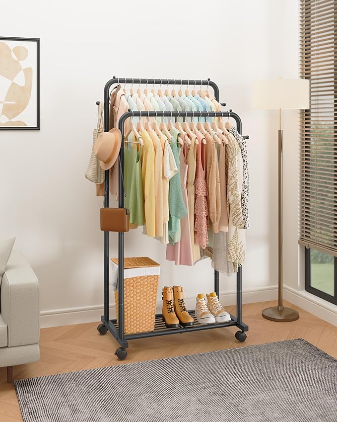 Clothes Rack - Double Rods Clothing Rack with Mesh Shelf, Hooks & Wheels, Metal Clothing Racks for Hanging Clothes & Bags, Multifunctional Garment Rack for Laundry, Black, 28.7" x 16.5" x 59.1"
