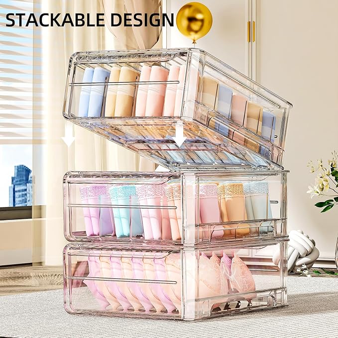 Underwear Drawer Organizer, Plastic Bra Storage Organizer for Closet, Bra Shelf Organizer, Clear Plastic Bra Drawers Stackable Pull Out Drawer Closet Organizer for Belts, Ties, Scarf
