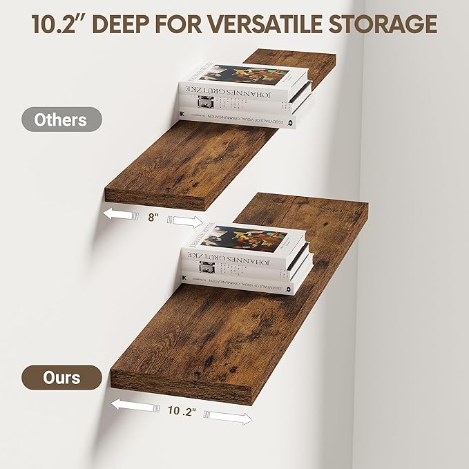 Vivelove 10 Inch Deep Floating Shelves 30 inch Long, 30 x 10 Wide Wall Shelves with Invisible Brackets, for Bedroom Bathroom Living Room Kitchen Office, Farmhouse Home Decor, Set of 2, Rustic Brown
