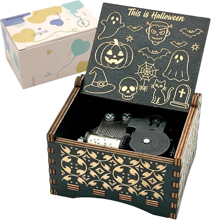 Pursuestar Black Wooden Wind Up Music Box - This is Halloween, Vintage Engraved Wood Mechanism Musical Gifts for Anniversary Mother's Day Valentine's Day Christmas Thanksgiving Birthday