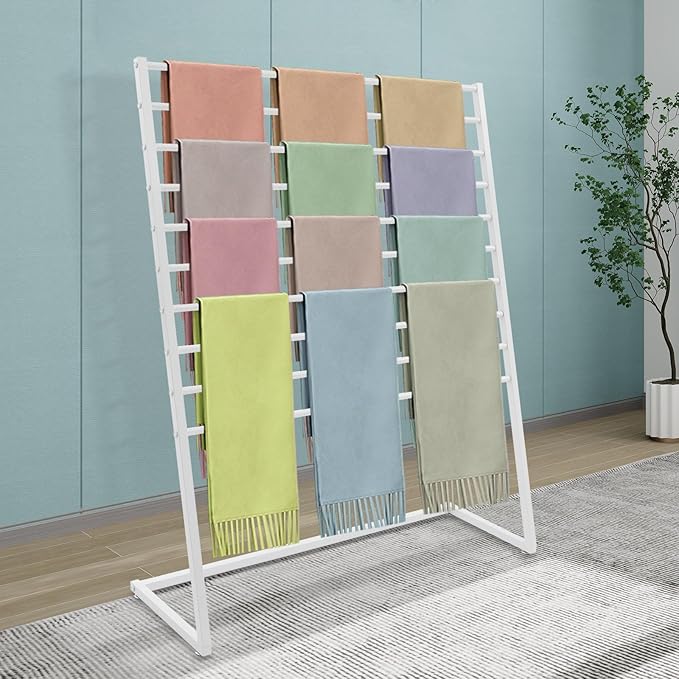 10 Tier Metal Scarf Organizer Holder, Freestanding Scarf Rack, Scarf Holder Organizer for Commercial Clothing Retail Store Towel Rack Ties Belt Pants Hanging (White, 47.24 * 15.75 * 57.09in)