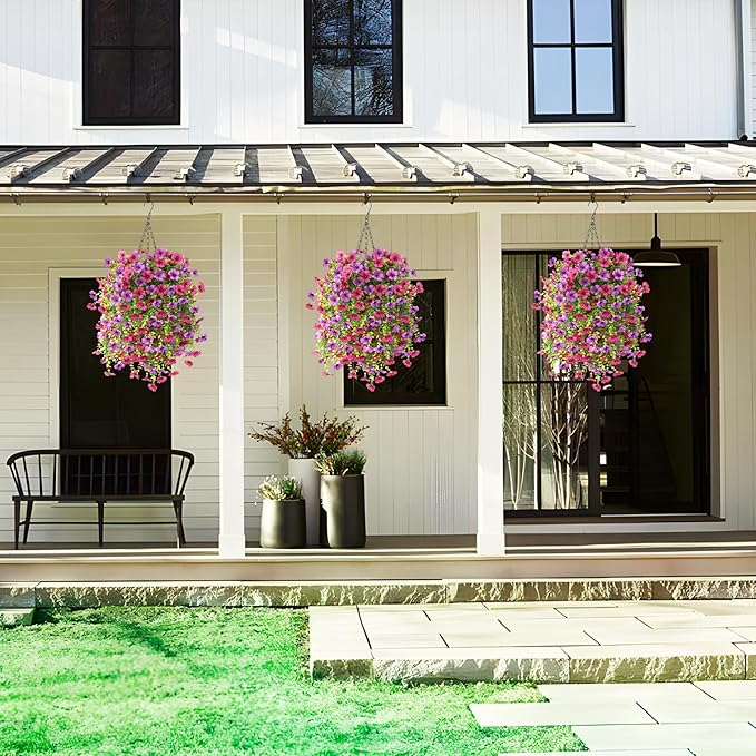 Homsunny Artificial Fake Hanging Plants Flowers Baskets for Outdoor Outside Spring Decor,Faux Silk Daisy UV Resistant Look Real Summer Decorations for Home Porch Patio Yard Garden(Light Purple